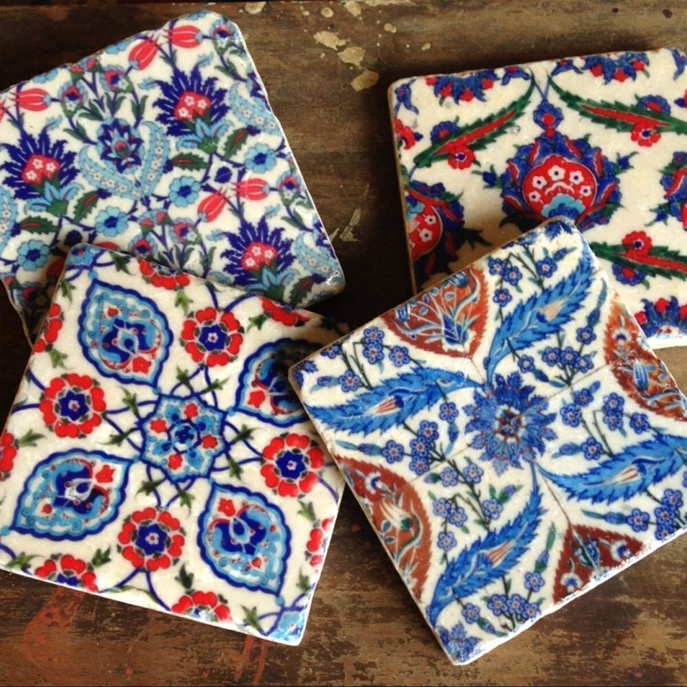 Turkish Stone Coasters: Bohemian Blue Floral Decor, Set of 4- NWOT